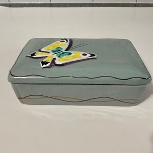Majolica Ceramic Box with Lid Butterfly Decor Italy Mid Century Modern